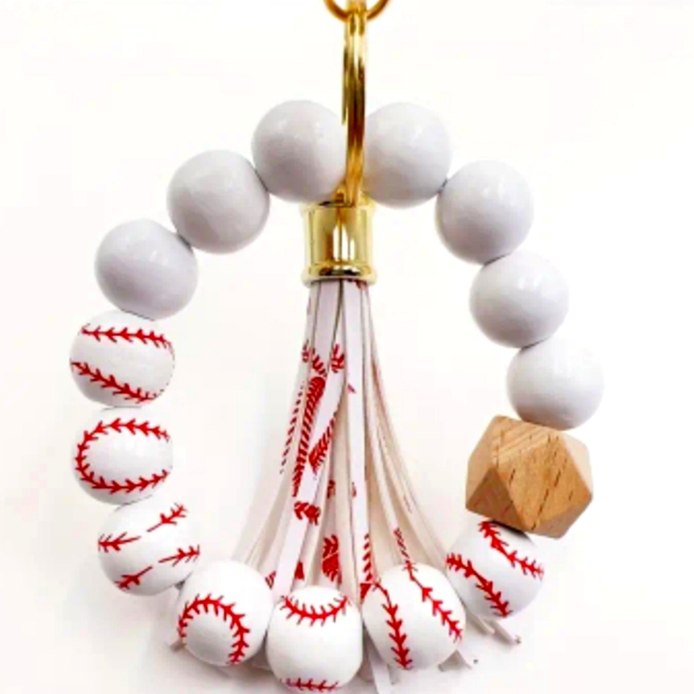Red and White BaseBall Wooden Beaded Wristlet Keychain